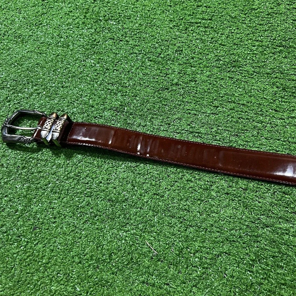 Vintage‎ BRIGHTON Belt Women's SM Brown LEATHER 90s SILVER Brass Buckle 27